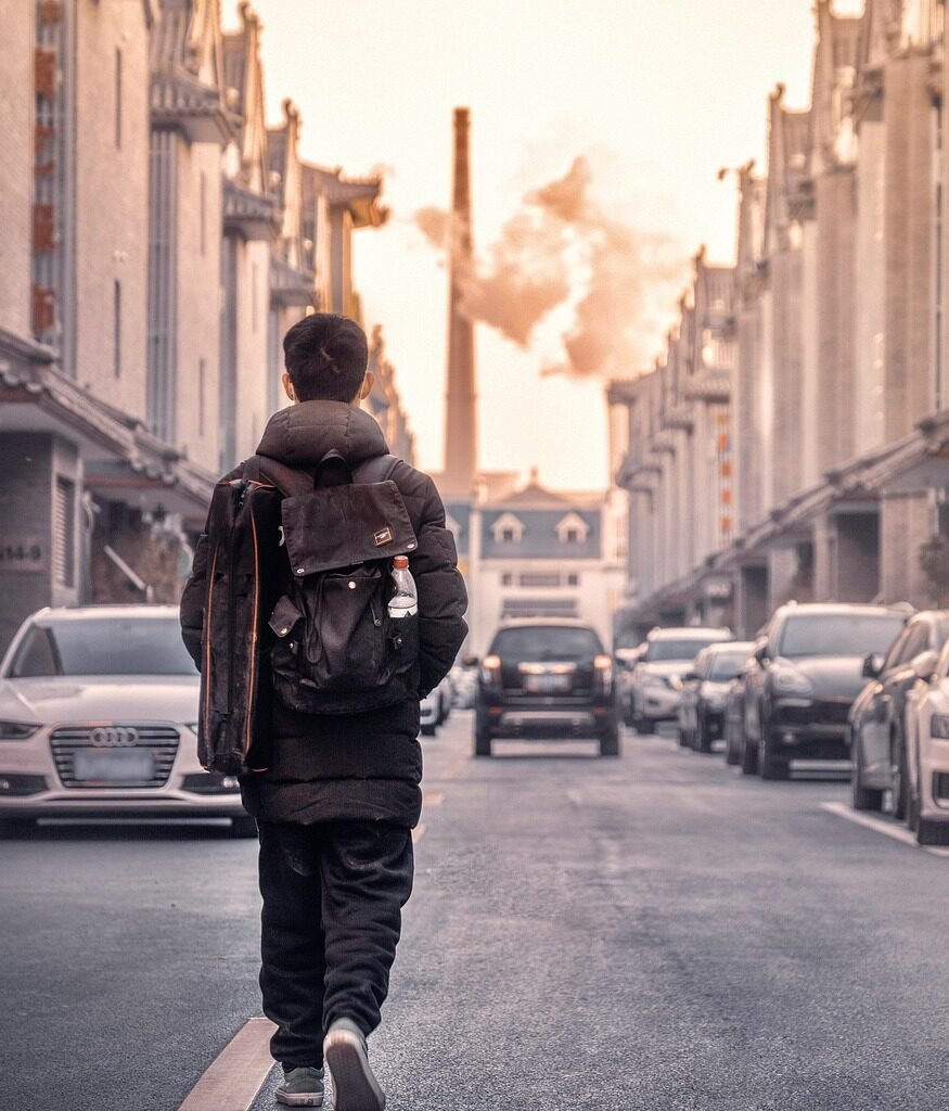 man, street, vehicle, road, building, go, people, rear view, automotive, city, chimney, alley, man, people, people, people, people, people